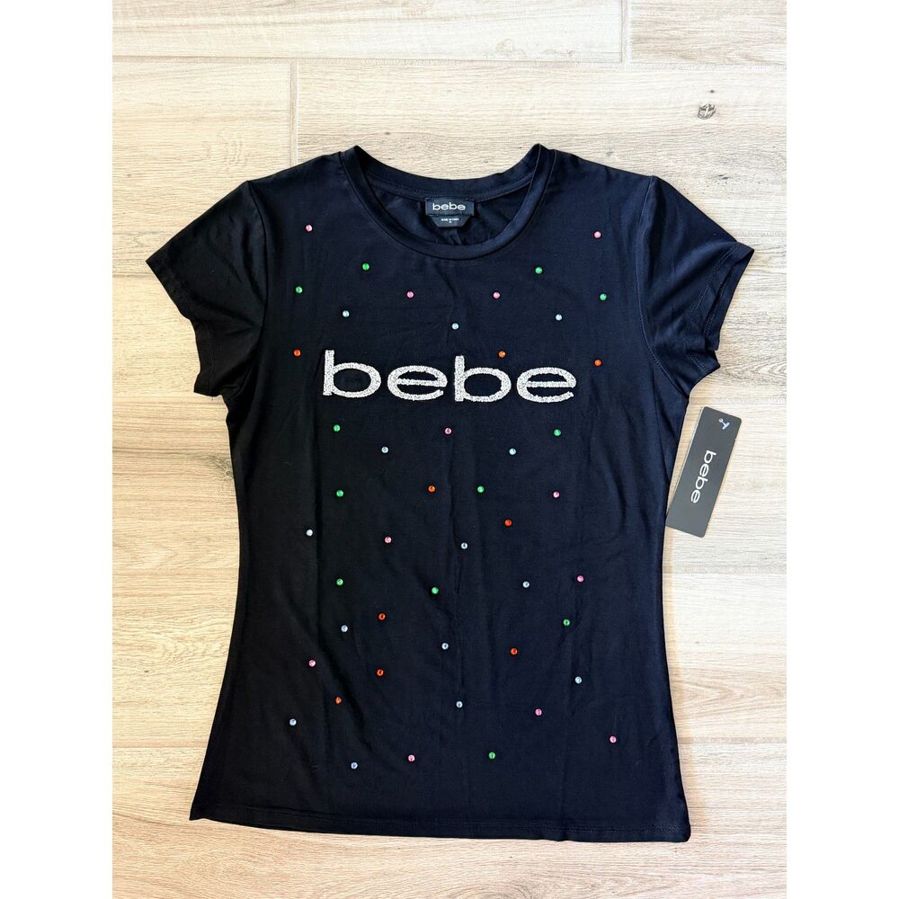 Bebe Rhinestone Logo T-Shirt Black Embellished Crystal Tee Size M NWT
